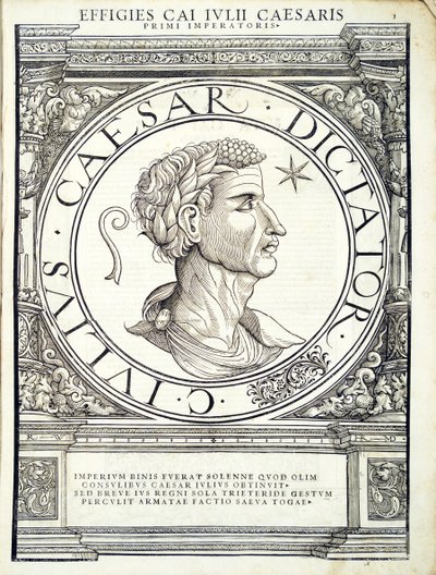 Julius Caesar, illustratie uit Imperatorum romanorum omnium orientalium et occidentalium verissimae imagines ex antiquis numismatis, houtsnede door Rudolph Wyssenbach, gedrukt door Andreas Gesner, Zürich door Hans Rudolf Manuel Deutsch